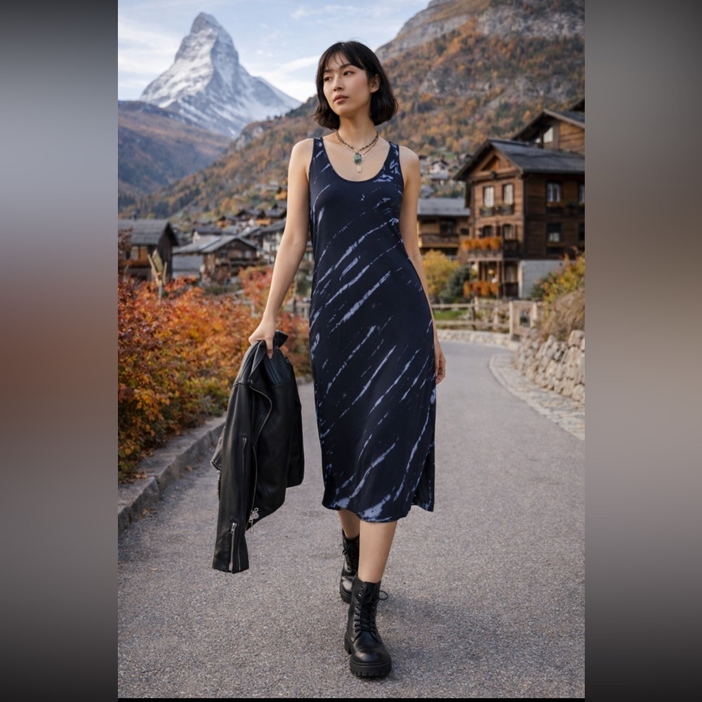 ANTHROPOLOGIE NWT Velvet by Graham Spencer Billy Tie-Dyed Satin MIDI Dress SizeS